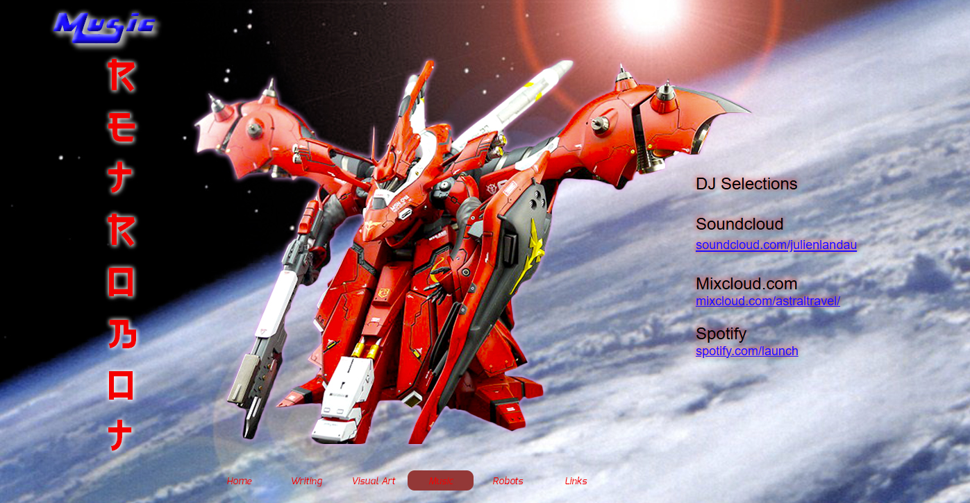 Retrobot Music: red robot in space, with links to music platforms and navigation